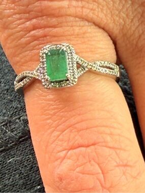 White Gold Natural Emerald Diamond Paved Sz 8 1/2